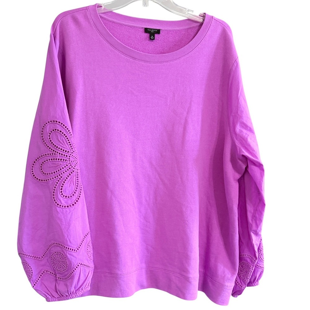 Talbots Plus Pink Eyelet Sleeve Sweatshirt  Cotton French Terry 2X Cozycore
